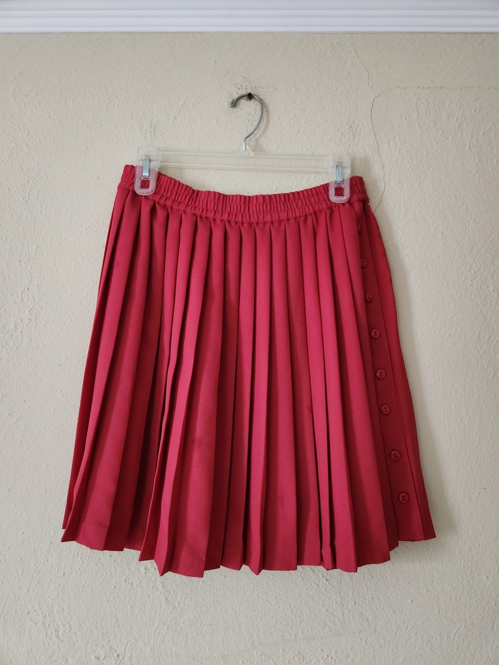 80s dk red ESPRIT pleated skirt, above knee, large, polyester chiffon Vintage